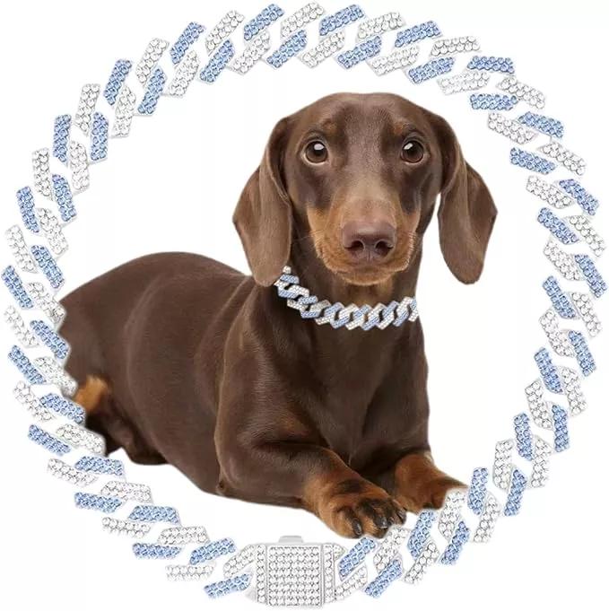 Blue Dog Collar Necklace, Bling Diamond Cuban Link Dog Collar Glitter Rhinestone Puppy Chain for for Small Medium Large Pet Dogs(Blue 12inch)