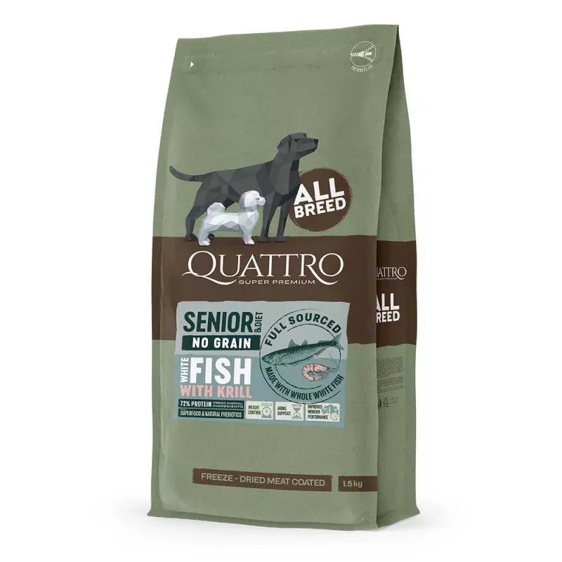 ‘FREE TREAT w 12kg (Exp Nov26)’: Quattro Whitefish & Krill Senior & Diet All Breed No Grain Dry Dog Food