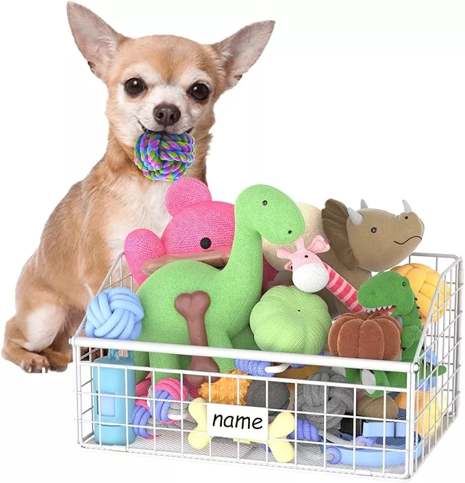 Indestructible Dog Toy basket, Small Toy Box for Dogs, Pet Toy Bin Dog Metal Basket for Toys, Dog Toy Storage, Dog Storage Organizer, Cat Dog Toy Box for Living Room Area (White)