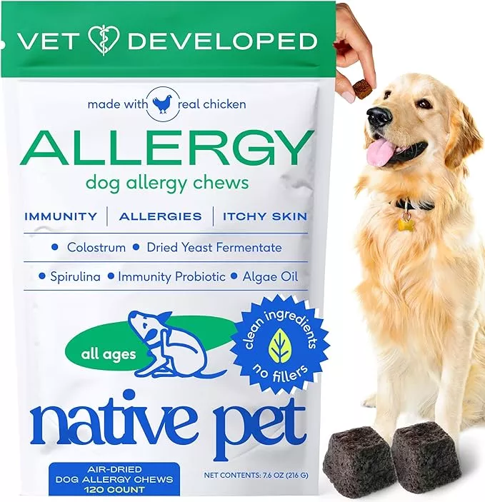 Native Pet Dog Allergy Chews – Dog Allergy Relief with Probiotics and Colostrum for Itchy Skin Relief to Support Seasonal Allergy and Healthy Immune System – All Natural Anti-Histamine – 120 Chews
