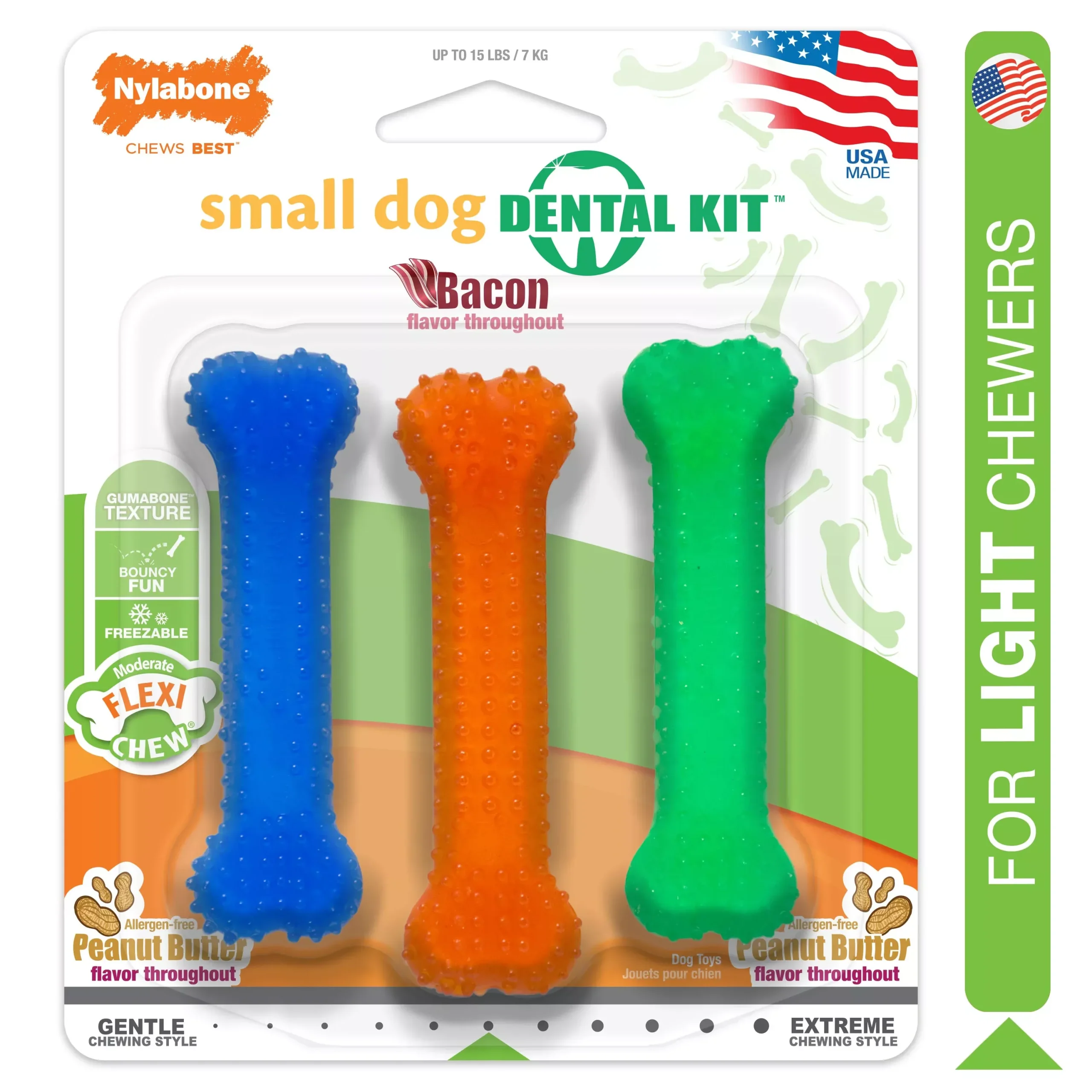 Nylabone Flexi Chew 2 Peanut Butter, 1 Bacon Petite 3pk