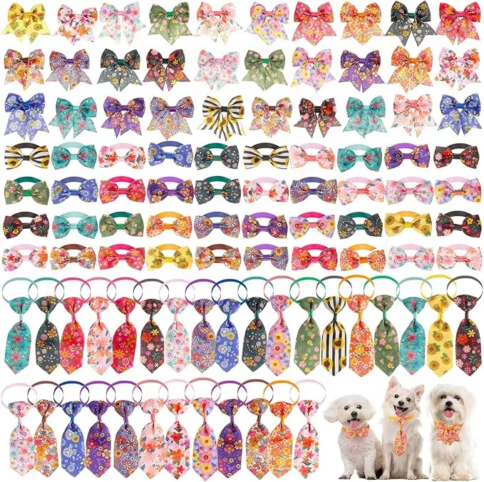Reginary 100 Pieces Dog Bow Tie Collar Set Include 40 Dog Neckties, and 30 Puppy Bowties, 30 Collar Flowers, Adjustable Pet Ties Grooming for Small Medium Cats Pets Supply(Dot)