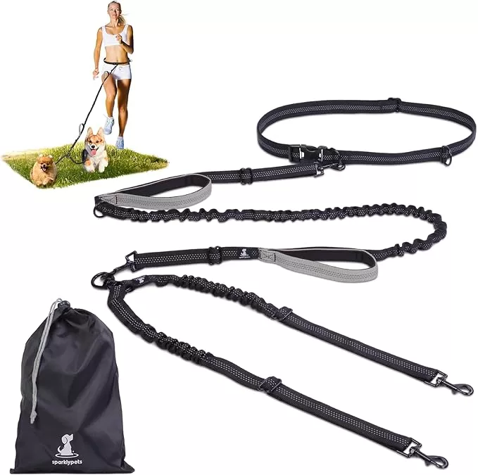 SparklyPets – Hands Free Double Dog Leash – Dual Leash for 2 Small Dogs – with Padded Handles, Reflective Stitches – No Pull, Tangle Free, for Dog Walking, Hiking, Canicross – for Small Dogs